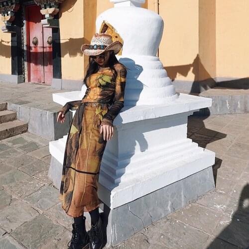 Womens Summer Hippie Style Printed Thin Desert Flower Bottoming Shirt High Waist Skirt Retro Suit Dress