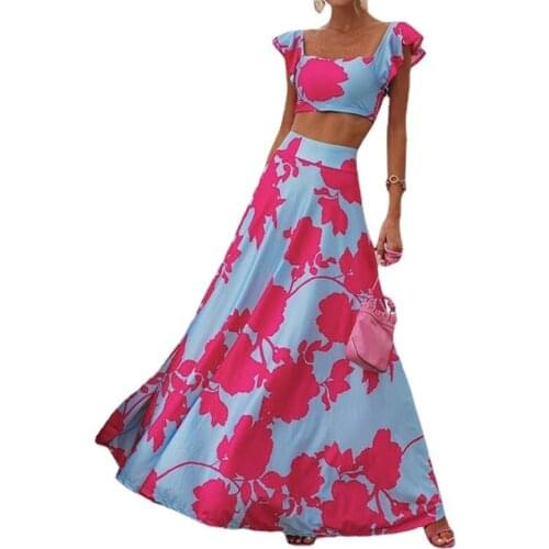 Womens fashion 2-piece dress Digital print mini skirt Off-the-shoulder long dress Street dress nightclub beach skirt