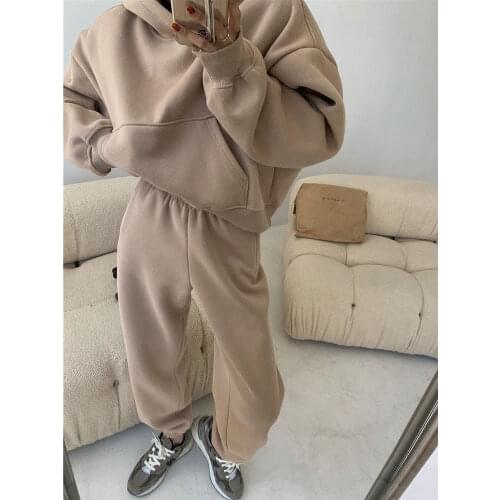 Winter Tracksuit 2 Piece Sets Women Thick Warm Autumn Fleece Oversize Hooded Sweatshirts & Elastic High Waist Sweatpants