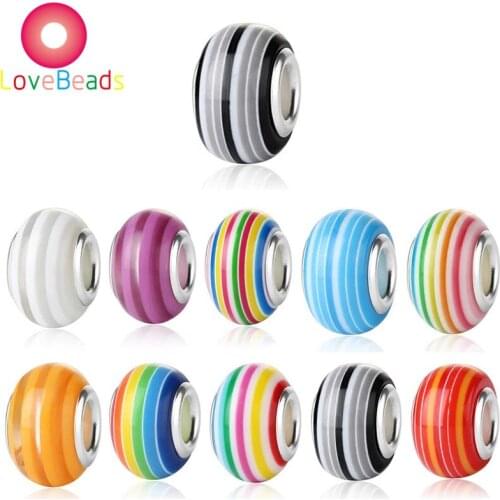 10 Pcs Color Stripe Rainbow Beads Murano Charms Large Holes Loose Spacer Beads Fit Pandora Bracelet Necklace Snake Chain Jewelry