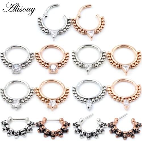 Alisouy 1pc Star Skull Crystal Zircon Cartilage Earring Stainless Steel Septum Clicker Nose Rings Hoop Segment Rings Piercing