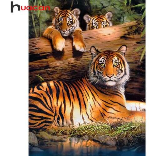 Huacan Diy Diamond Painting Embroidery Tiger Family House Decoration Diamond Mosaic Animal Natural Scenery Crystal Gift