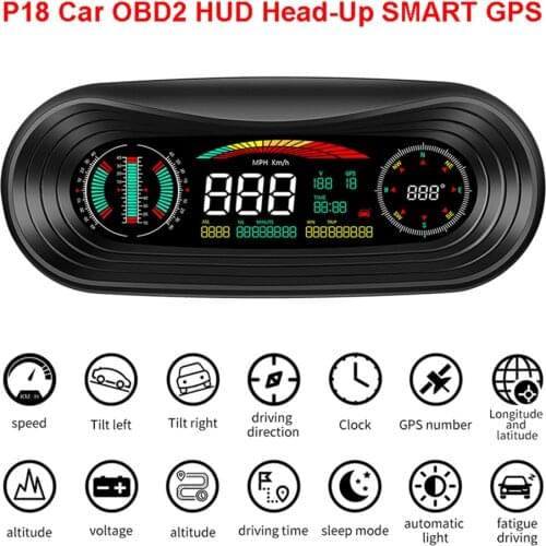 P18 Car OBD2 HUD Head-Up Display SMART GPS SLOPE METER Fatigue Driving Speedometer Overspeed Warning Gauge