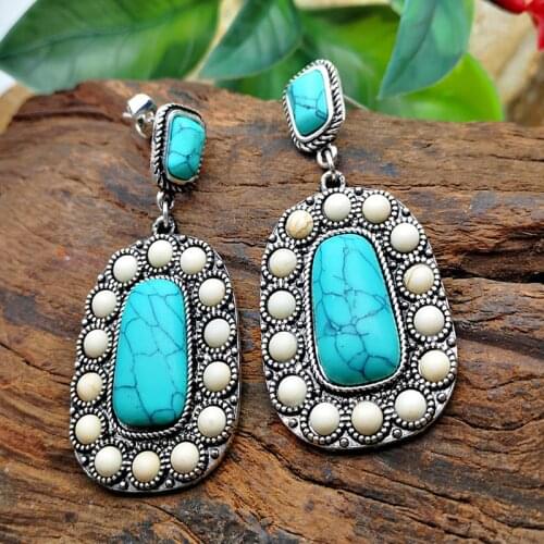Bohemia Vintage Square White Stone Long Drop Earrings for Women Natural Blue Turquoises Dangle Earring Fashion Boho Jewelry 2021