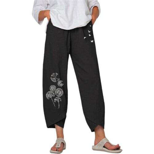 Cotton Linen Pants Women Trousers Loose Casual Dandelion Print Women Wide Leg Pants Plus Size Womens Summer New 2021 Long Pants