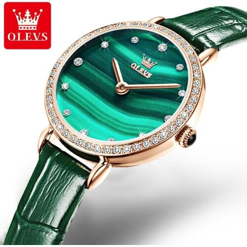 OLEVS Brand Luxury Women Watches Fashion Ladies Quartz Watch Japan Movement Green Dial Leather Female Clock Relogio Feminino