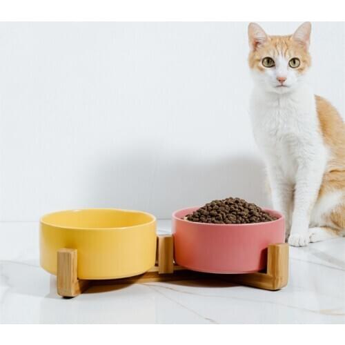 Pet Cat Bowl Food Water Feeder Durable Multiple Color Option Double Pet Bowls With Wood Stand For Dogs Feeder Product Supplies