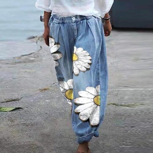 Women Elastic Waist Harem Jeans Loose Denim Pants New Chic Daisy Print Button Imitation Cowboy Spring Summer Streetwear Trousers