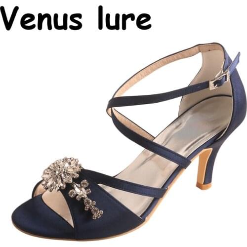 Customization Elegant Sandals Navy Satin Medium Heel Woman Sandals Summer
