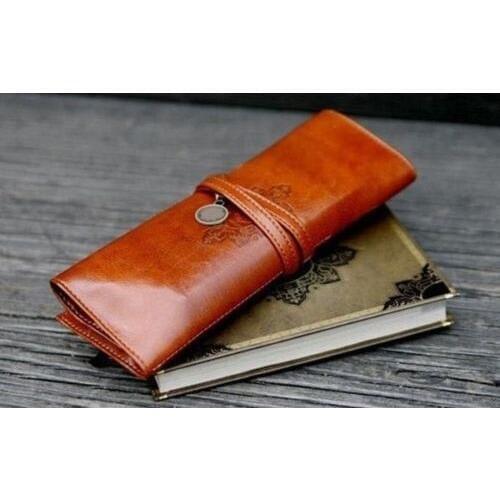 Hot Sale 1 Pieces Makeup Brushes Bag Pencil Case Pouch Holder Wrap Roll Stationery Brown Leather Beauty Portable Makeup Bags