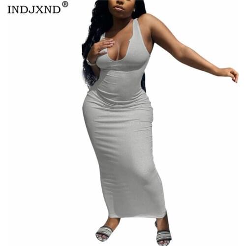 INDJXND 2021 V Neck Knitted Dress Bodycon Blue Women Bandage Summer Sleeveless Sexy Spaghetti Strap Beach Style S-XXXL Clothes