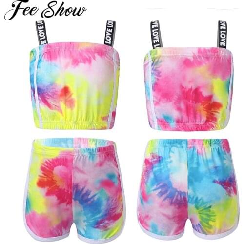 Toddler Kids Clothes Set Girls Summer Tie Dye Print Rainbow Sport Suit Children Backless Crop Top Short Shorts Tracksuits Set