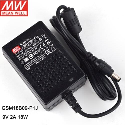 Meanwell GSM18B09-P1J 18W 2A 9V Medical Adaptor Level V 110V/220V AC to 9V DC MEAN WELL Adapter Power Supply 2 pole AC plug