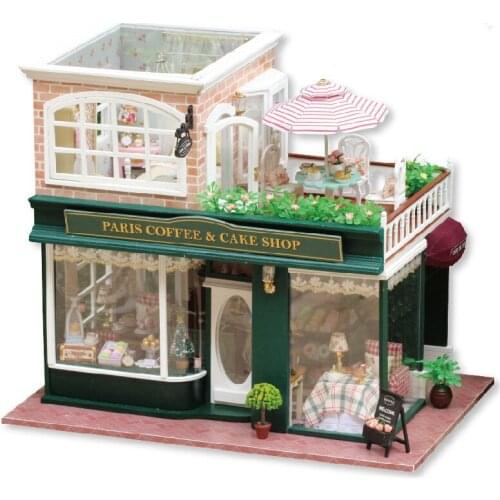 Handmade Coffee & Cake Shop Doll House Furniture Miniature DIY Dollhouse Wooden Toys Children Assembly Large LED Light Handcraft