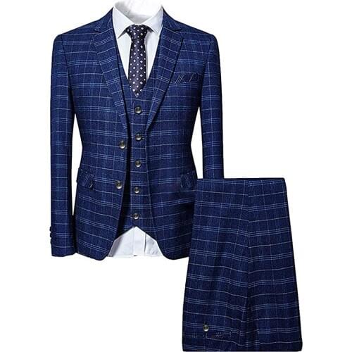 Mens Vintage 3 Pieces Mens Suits Plaid Single Breasted Slim Fit Tuxedos For Wedding Groommen ( Jacket+Vest+Pants)