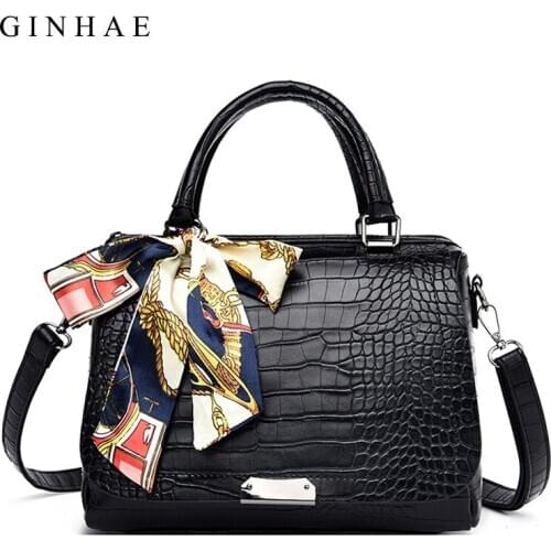2019 New Fashion Silk Scarf Women Bag Luxury Crocodile Leather Tote Handbag Brand Designer Large Capacity Shoulder Crossbody Bag