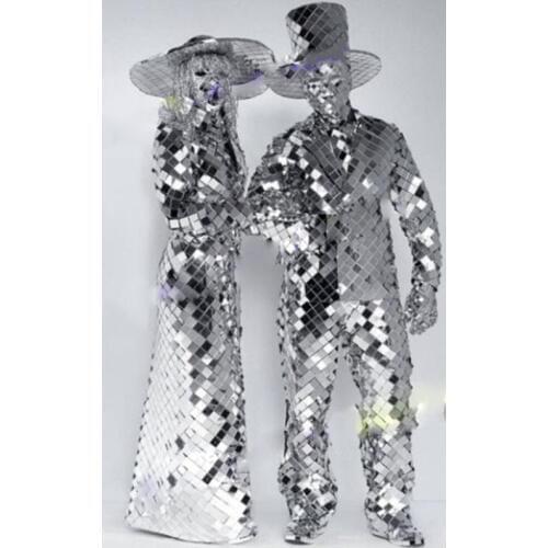 New Silve Mirror Stage Costume Women Men Bar GoGo Dance Costume Party Rave Mirror Dress Nightclub Dress Jumpsuit DJ Show Wear