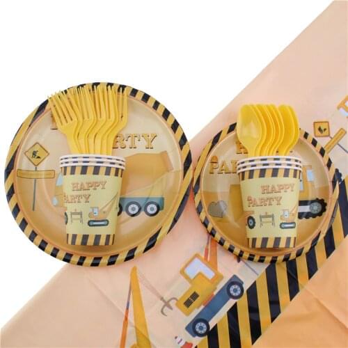 35Pc/Set Engineering Vehicle Theme Disposable Tableware Birthday Decoration Baby Shower Plates Napkins Tablecloth Party Supplies