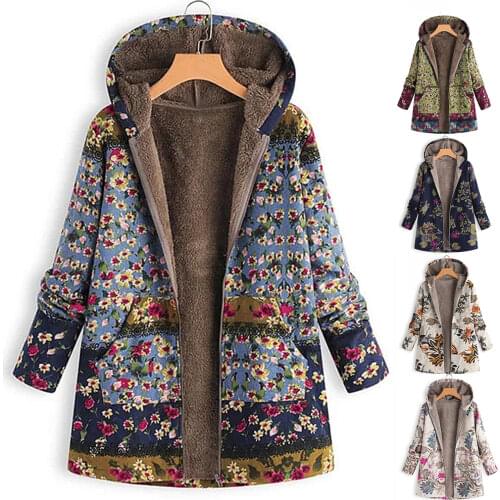 Womens Coat Winter Warm Outwear Floral Print Hooded Pockets Vintage Oversize Female Coats Womens Casual Outwear Plus Size
