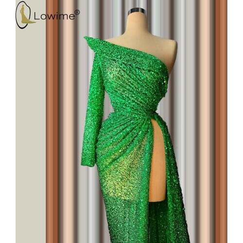 One Shoulder Long Sleeve Green Evening Dresses Mermaid Ruched Vestido De Festa Pageant Celebrity Vestidos Couture Prom Gowns