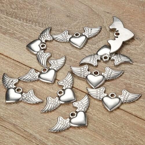 100% Stainless Steel Heart Angel Wings Charm Pendant For Jewelry Making Metal Angel Wings Charms Wholesale 20pcs