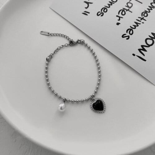 Origin Summer Hiphop Black Love Heart Round Bead Chain Charm Bracelet for Women Stainless Steel Party Bracelet Jewellery Gifts