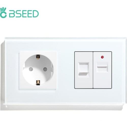 BSEED 16A EU Standard Wall Socket Plug PC USB Port Network RJ45 USB Socket With Backlight 100-240V AC Tempered Glass Panel
