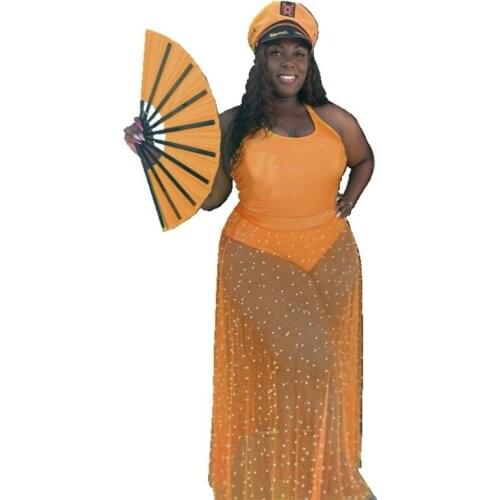 Sexy Plus Size Womens Net Yarn and Beaded Skirt Tight-fitting Suit Solid Night Club Wear Fashion Outfit Tracksuit Drop Shipping