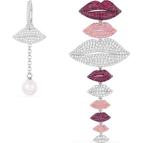 Real 925 Sterling Silver Asymmetrical Red Pink White Lips Earrings with Pearl Zircon Yao Chen Collection Women Fine Jewelry