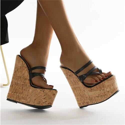 Summer New Womens Platform Narrow Band Clip Toe Flip Flops Black 18CM Wedges Super High Heel Sandals Casual Beach Slippers