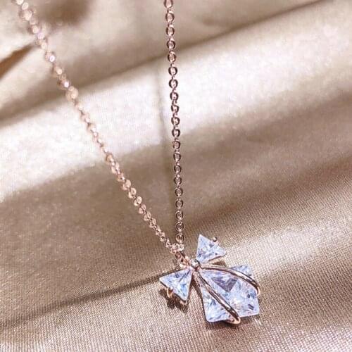 Showfay 2021 Korean Style New Bow Necklace Female 3A Zircon Inlaid Pendant Shining Chain Jewelry Necklace for Women