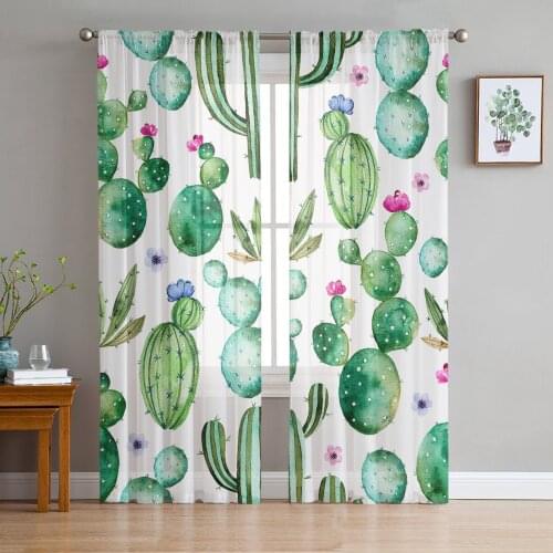 Watercolor Cactus Flower Plant Sheer Curtains for Girl Kids Bedroom Kitchen Window Drapes Curtain Home Decoration