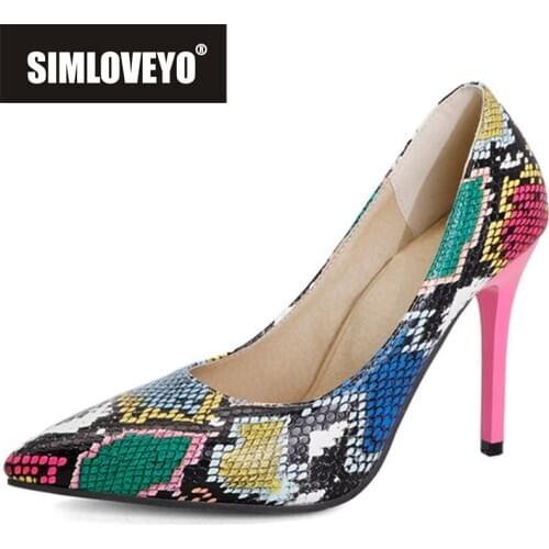 SIMLOVEYO New 2021 Women Pumps Pointed Toe 10cm Thin Heels Snake-Skin Sexy Stylish Cool Multi Colors Big Size 48 Party A3723