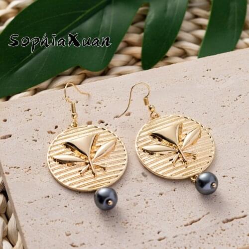 SophiaXuan Hawaiian Polynesian Monstera Leaf Dangle Earrings Jewelry Designer Long Pearl Drop Earrings 2021 Wholesale for Women