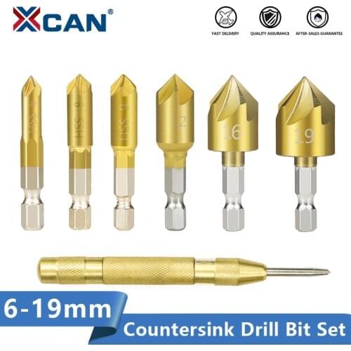 XCAN Hex Shank Countersink Drill Bit 6-19mm Set Titanium Coated 5 Flute Hole Drill 90 Degrees Wood Chamfering Cutter
