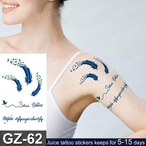 Temporary Tattoo Juice Ink Natural & Long Lasting Tattoo Fake Blue Color Feather Birds Words Arrow Tattoos Sticker Hand Wrist