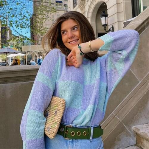 Y2K Purple Plaid Knitted Crewneck Casual Sweater Women 2021 Winter Pullovers Long Sleeve Oversized Loose Sweater Tops Streetwear