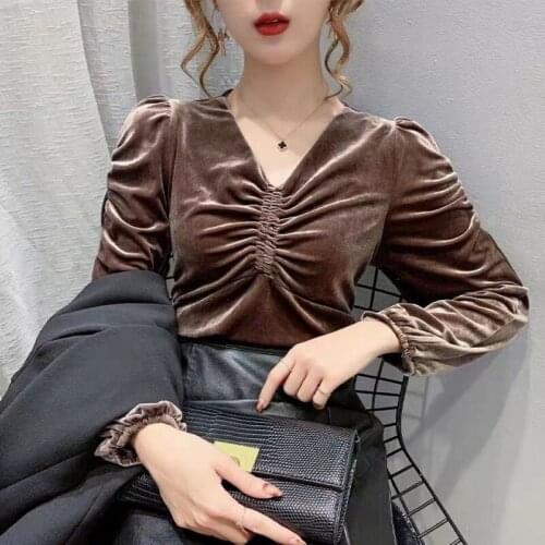 Blouse Women Black Top Women Spring Autumn Sexy Solid Color V-neck Gold Velvet Long Sleeve Shirts Blusas Ropa De Mujer Y736