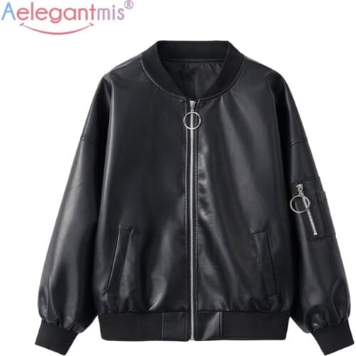 Aelegantmis 2021 New Brand Loose PU Faux Leather Jacket Women Classic Bomber Jacket Lady Autumn Baseball Jacket Coat Plus Size