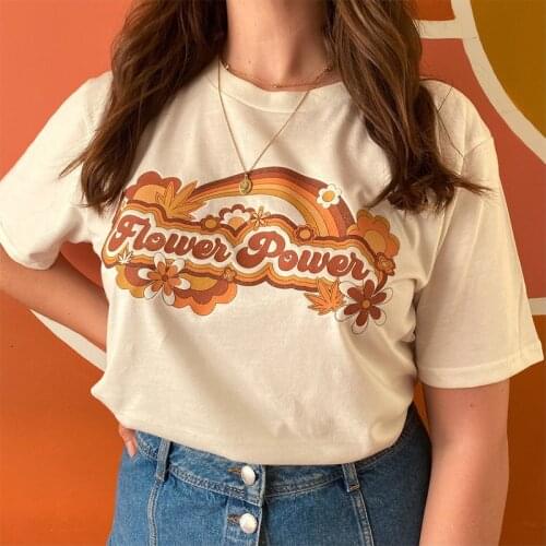 Hillbilly Flower Power Rainbow Print Lady Casual Tshirt White Cotton Short Sleeve Vintage Graphic Tees Women Graphic Cute Shirt