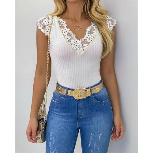 Fashion Women T-shirt Elegant White Lace Pearl Shirt Sexy Hollow Out Embroidey Feminine Sleeveless Summer Top Female Streetwear