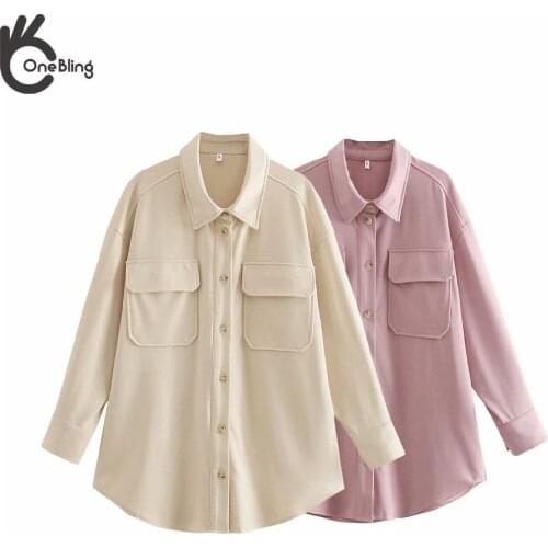OneBling 2021 Za Women Fashion Pocket Shirt style Jacket Coat Vintage Long Sleeve Button-up Female Outerwear Chic Overshirt