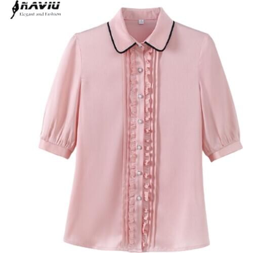 Professional Temperament Half Sleeve Pink Shirt Women 2021 Summer Ruffles Fashion Blouses Office Ladies Formal Work Tops