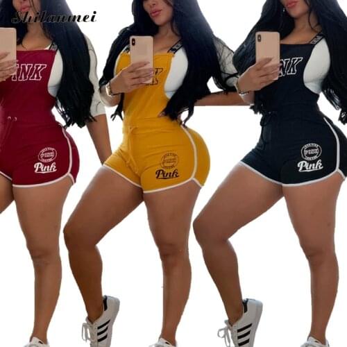 Black Sexy Romper Bodycon Jumpsuit Women Pink Letter Print Strap Jumpsuit Playsuits Party Club Outfits Summer Shorts Playsuits