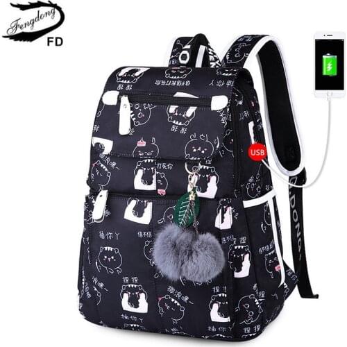 Fengdong female fashion school backpack usb school bags for girls black backpack plush ball girl schoolbag butterfly decoration