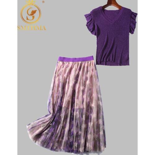 SMTHMA New Autumn Women ruffles sleeve knit sweater tops pullovers +Elastic waist floral print pleated skirt suit two piece set