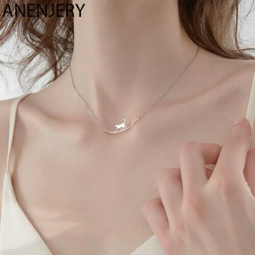ANENJERY 925 Sterling Silver Lovely Cat Curve Pendant Necklace for Women Animal Necklace Jewelry Gift Wholesale S-N685