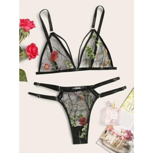 Woman Sexy Lingerie Lace Bra + Thong Set Lace Mesh Flower Embroidered Lingerie Set Ladies Flower Sleeveless Open Back Bra Set