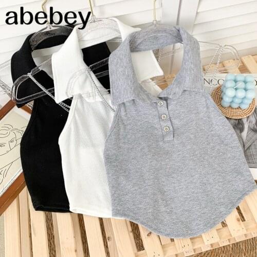 Fashion turn-down collar sleeveless Cami Vest single breasted high waist short solid chain Cami Vest Top 2021 New Summer