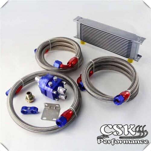 13 Row AN10 Universal Engine Transmission Oil Cooler British Type + Filter Adapter Kit Blue